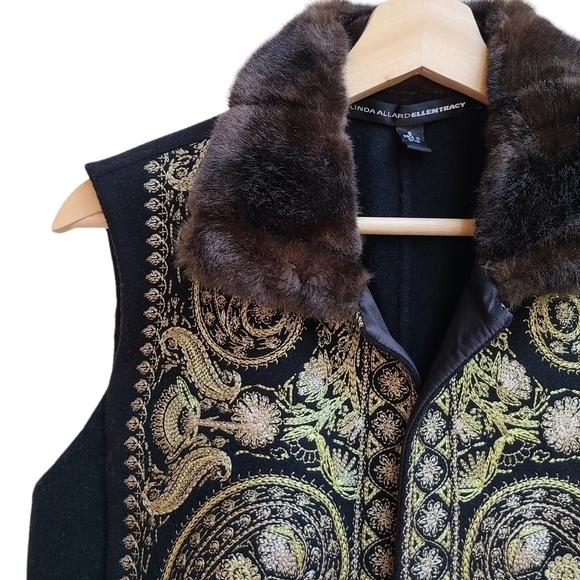 Wool Vest with Embroidery and Faux Fur Collar, Size Medium - Picture 3 of 10
